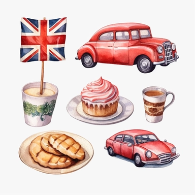 Watercolor style, union jack pattern, cake, cars, coffee, donuts and flower variations, hyper realistic detailed clipart, on a white background