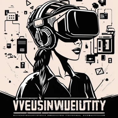 vr headset, virtual reality, industrial worker, poster, goddess, learning, training, simplistic, abstract, vector, 2d illustration, clipart, few colors, industrial environment, industrial scruffs