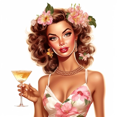 beautiful pretty pin up woman, makeup and hair 50's style, diferent poses,elegant night dresse with champagne glass and a hawaiian flower in her hair, paint art style, cooking, detail, clipart, white background, superrealistic, one of a kind