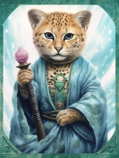 tarot card with Jaguar Cub as Jedi master, clipart png, WHITE BACKGROUND, photorealistic, painting, watercolor, 8k, ultra details,