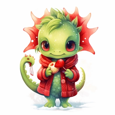 cute funny avocado green girls dragon, red cardigan, bird, winter, cute nursery painting, style by Lucy Fleming, watercolor, smooth gradients, black contour outline, ultra detailed, clipart elements, delicate pastel colors, solid white background, super clear, high quality