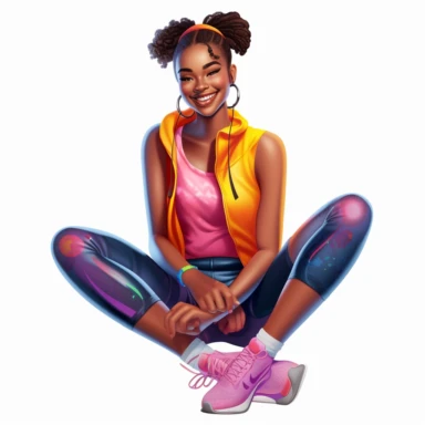 beautiful black teenage girl with beautiful pinned up hairstyle, dressed in bright colored fitness attire. Full perspective and, long shot A young black woman with full lips and a big beautiful smile, dressed in a jogger, has pinned up hairstyle and beautiful shapely legs, wearing sneakers, clipart in the style of digital airbrushing, feminine sticker art, dollcore, realistic face, realistic body, glamorous,
