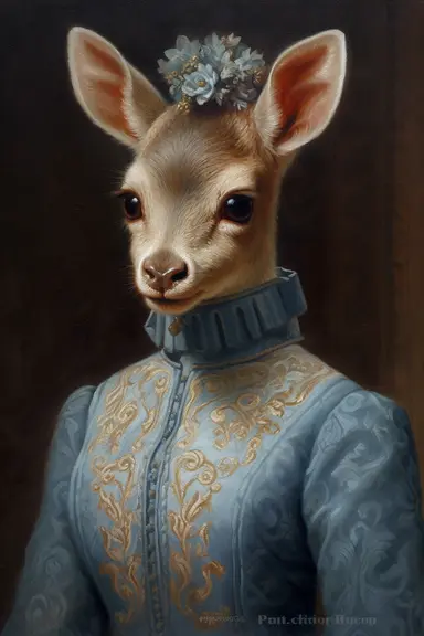vintage dark oil painting hasselblad 24 mm three quarters shot of a cute baby deer in victorian dress with blue eyes, clipart, Composition: Relaxed position with intricate high hairstyle, detailed natural skin, Style: Steampunk, hyperrealism, 32k