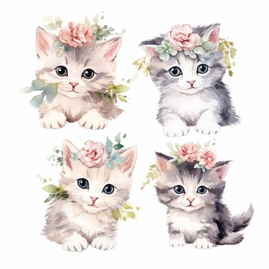 watercolor clipart, cute, fluffy, playfull, baby cats, floral headbands, painted, high quality, detailed, white background,