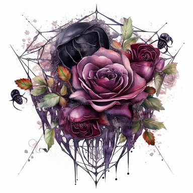 Idyllic watercolor and ink clipart of dark gothic dark moody dark moody burgundy, black and purple rose flowers with poison thorns on an ornate gothic black dagger covered in gothic spider webs, isolated on a white background, dark moody colors, intricate detail, ultra-realistic