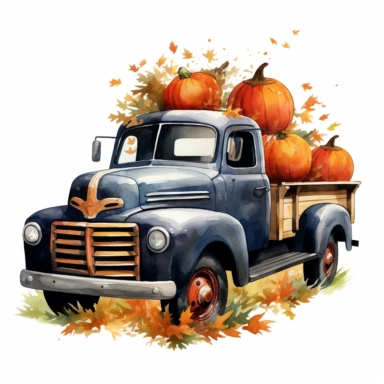 vector watercolor spooky Halloween truck jack o lanterns in truck bed clipart on white background, Halloween truck with pumpkins, photorealistic, ultrarealistic, no background, on whit