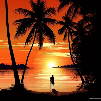 Create clipart of a stunning sunset beach scene in Thailand with a woman enjoying the view Descriptive Keywords: Sunset, beach, palm trees, woman, relaxation, Thai floral elements Style of Photograph: Ultra high definition, vibrant colors, vivid details