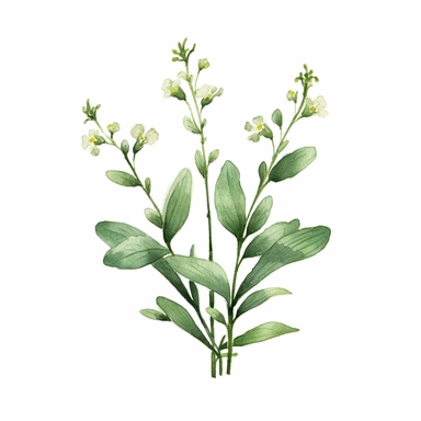 A design showing a flowering sorrel plant, featuring tiny greenish flowers clipart, white background, watercolor sophisticated drawing