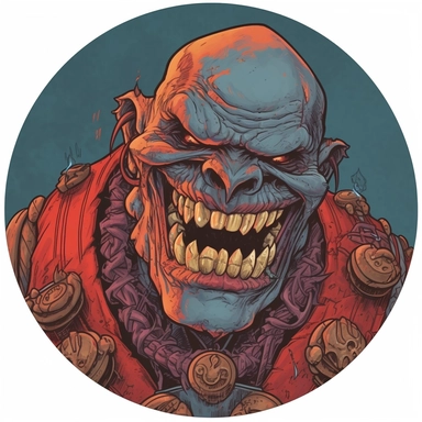 A circular tondo depicting a Dungeons & Dragons character orc orcish badass boss warrior bandit, Mike Allred Josh Kirby Mad Max Lord of the Rings, handpainted punk zine indie retrowave, clipart illustration, circle colid background, circular border