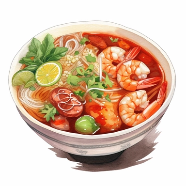 watercolor, hyper realistic, white background, white margins, 16k, ultra detailed clipart, cut out image, hand-drawn a bowl of bún riêu cua, a Vietnamese hearty crab and tomato-based soup with vermicelli noodles, tofu, and various herbs. in the style of anime art, frostpunk, photo-realistic drawings, villagecore, lively and energetic, high quality, anime