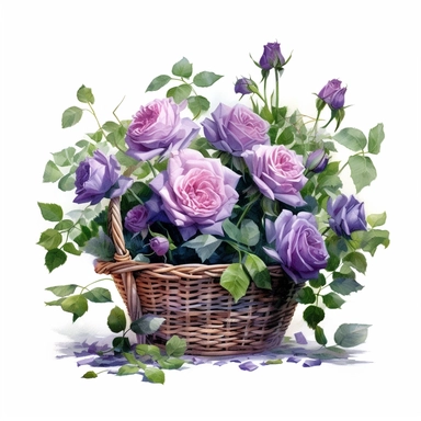 a simple gorgeous basket arrangement with purple rose flowers and greenery on white background clipart, png, watercolor painting realistic, high quality, vibrant, Vicente Romero Redondo, Willem van Aelst, Elsa Beskow