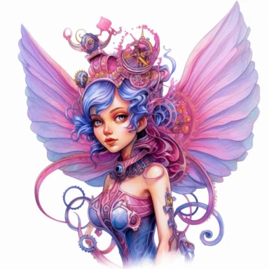 With a mischievous smile, a playful blue, pink, and purple steampunk pixie leans towards the viewer, her vibrant wings fluttering with excitement. White background, intricate details, retro-futurism, watercolor clipart, hyper-realistic