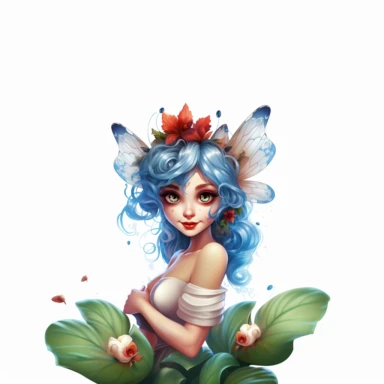 a whimsicel beautiful Fairy Closeup face, big blue deep eyes, with high detailing with facial hare and lips, laughing , a big Ladybugs sitting on her hand, Clipart on a white background