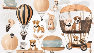 Wood dog Pilot Clipart, balloon with a basket , Aviator Clipart, cute sweet dogs Illustrations vintage