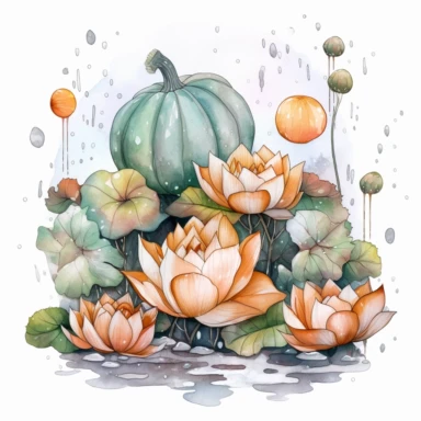 adorable watercolor winter illustration clipart, lotuses and pumpkins under the snow, winter, dark colours, highly detailed, markers copic style, white background
