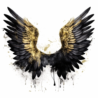 gothic angel wings clipart, with small black halo the middle of the wings, gold colour detail around the black wings white back ground, no text