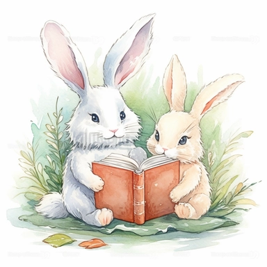 Cute rabbit holding a story book read to cute white fluffy bunny,smile expression,wear shirts,sitting pose, front side view, in the style of watercolor cartoon clipart, kate greenaway style,pixar style, high resolution, composition free space, pastel color scheme, soft and tender, watercolour clipart, watercolor illlustration for kids and children,isolated white background, clipart most popular on etsy, book illustration, featured on dribble,print on demand image, PNG tranparent background,detai