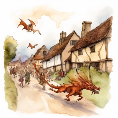 brownish reddish medieval dragon chasing after many peasants in their village who are running away from him in fear watercolor clipart no fonts no words no letters