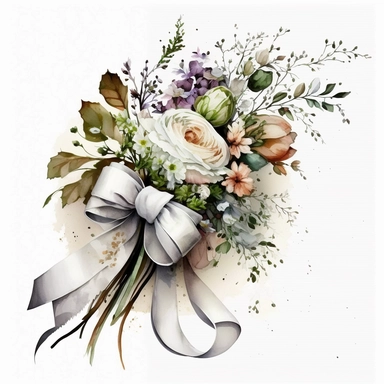 clipart aquarelle, detailed ans realistic, white background. beautiful flower tribute in white color, white theme, Bouquet for funeral, loss, sorry, with additions like sash ribbon