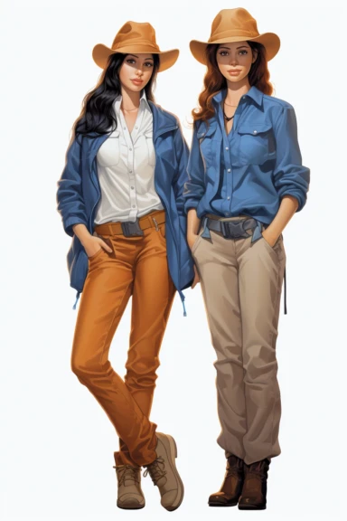 two fullbody women on their backs looking forward , wearing blue pants, hat and jackets, clipart