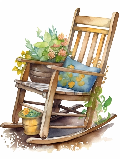 watercolor, vintage, country, wood rocking chair in the garden with flower pots next to it on the ground, beautifully carved arm rests and on white background, clip art
