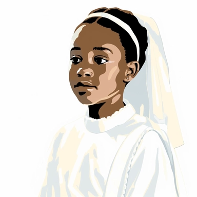 young african-american girl in first communion gown. cartoon art. vector. high contrast. clip art. fully length body portrait. white background. watercolor