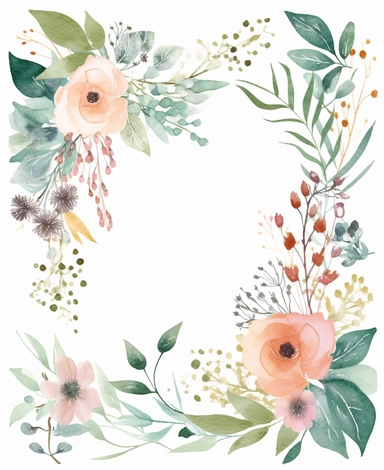 rectangle floral frame, thin border, green flowers and leaves, minimal with white space in middle, clipart, watercolor flowers, hand drawn, white background, clipart,