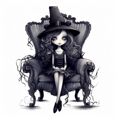 halloween cute witch sitting on a 18th century chair, clipart, in the style of tim burton, background is only white