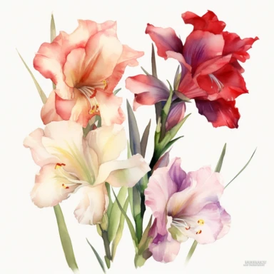 Illustrate a watercolor clipart composition of a gladiolus garden, capturing the elegance and charm of these flowers in the Michelangelo-inspired Watercolor Haven style on a white background. The harmonious composition, rich colors, and chiaroscuro techniques make these gladiolus a beautiful choice for various designs.