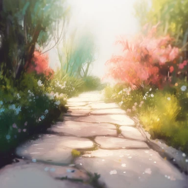 garden path in spring, illustration,watercolor texture style, popmart blind box, clay material, bright background, award-winning, LED, 3d art, depth of field, Pixar trend, surreal, octane rendering, ray tracing, complex details, animation lighting, stack white background, clipart style, clip art style