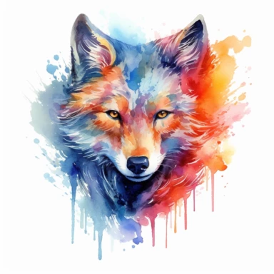 A wolf's head or a full-body image, symbolizing strength, courage, and leadership, fire, watercolor art, clipart