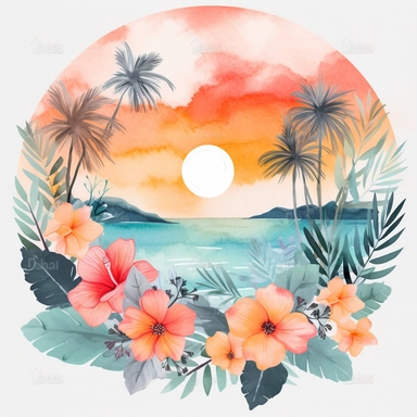 Beautiful tropical sunset, with loose gouache florals, gouache, peachy and aqua tones, white background, clipart