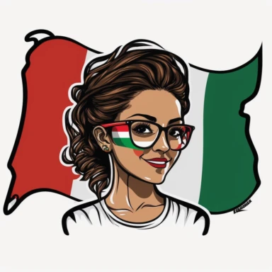 Pretty smiling Hispanic young woman with a t - shirth with the mexican flag, cinco de mayo, hair in a messy bun and sunglasses realistic cartoon style clipart sticker