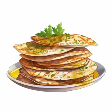 A clipart image of a pile of greek pita bread garnished with olive oil and parsley, watercolor clipart, transparent white background, soft cinematic lights, juicy, bright, high quality, ultra detailed, 32k