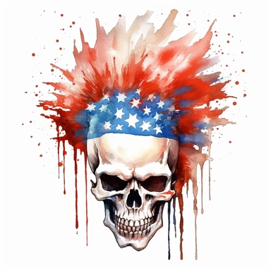 watercolour skull with a Mohawk painting american flag, in the style of digital mixed media, splatter paintings, full body, tattoo, parodic, sentimental realism, ferrania p30, clipart