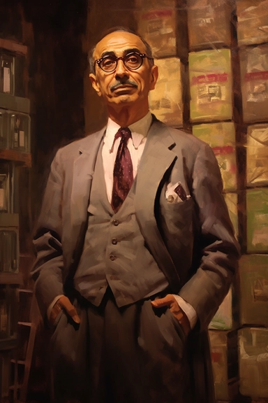New Orleans 1959 painting portrait of Marin Fleet Reed. Warehouse manager, underboss of the West Side. Accountant, Egyptian. Bald on top, close-cropped straight black hair on the sides, round glasses, black mustache. Conservative suit. Carrying a clipboard. Eye of Ra tie clip, painting in the style of Pino Daeni