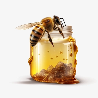 honey bee eating from beauty jar with honey realistic clipart on white backround