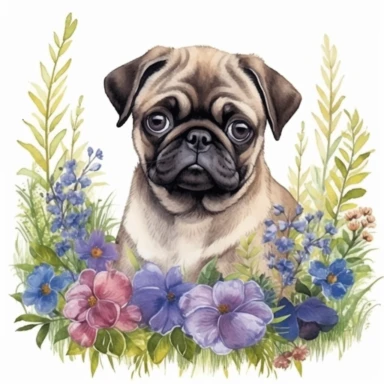 An intricately detailed watercolor clipart illustration displaying an ultra-realistic [specific design idea, like Adorable cute beby Pug sits, grass and flowers on the back of the puppy  ], isolated on a white background, in the style of ultra-detailed watercolor clipart illustrations, HDR watercolor clipart illustrations, 32K watercolor clipart illustrations, hyperrealistic watercolor clipart illustrations, ultra-intricate watercolor clipart illustrations, high-resolution watercolor clipart ill