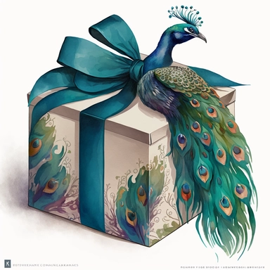 clipart watercolor flat box in peacock pattern with huge long bow on top