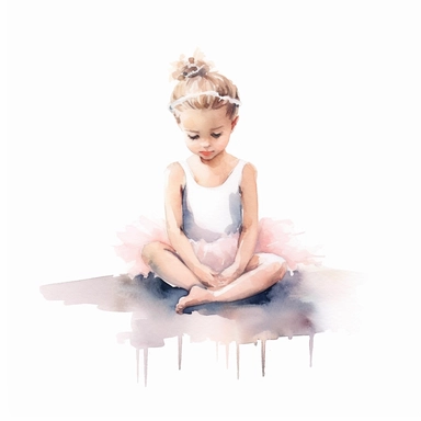 watercolor style, little ballerina in sitting position girl of 5 years old clipart, isolated on white background, hd