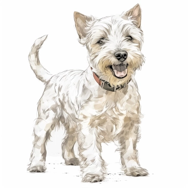 babywesthighland white terrier, short pointed ears, happy, whole body, standing, clipart, hand-drawn clipart, realistic, clear lines, neutral watercolor, isolated, white background,