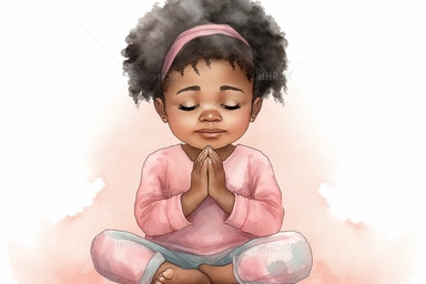 6 Watercolor happy cute beautiful brown skin african American baby girl praying wearing pink pajamas, clipart, isolated, white background, spaced out--q 2