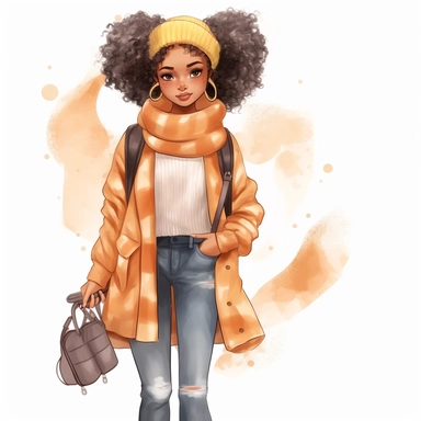 pretty African American girl water color character clipart, cute girl wearing modern style clothing realistic digital art, white background, s1000