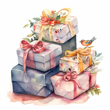 insanely beautiful pile of 3 gift packages , in the style of beatrice potter, 32k uhd, hand-painted details, pastoral illustrations, amazing colour combinations , aquarellist, hd , white background clipart ,-- no watermark--ar 27:37