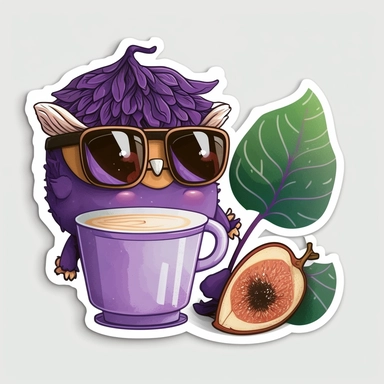 purple fig drinking coffee, cartoon clipart, sticker
