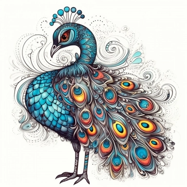 Funny colorful cartoon peacock like a pompon clipart with big beautiful eyes and long beautiful legs, distinct fine details, watercolor technique, black contour lines