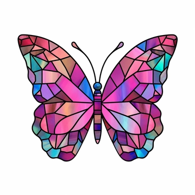 butterfly shaped stained glass clipart, pink purple green, white background