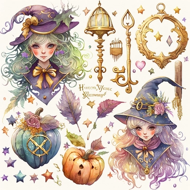 watercolor set of witch golden Keys, watercolor clipart, isolated elements, in the style of the stars art group (xing xing), tanya shatseva, artgerm, Victor Nizovtsev, Josephine Wall, pastel colors scheme, charming character illustrations, cute cartoon, beautiful facial features, detailed costumes, lovely, uhd image, transparent/translucent medium, bloomcore, matte painting, white background, Nita Engle, Anne Kullberg, Yee Chong, Larissa Ria Loomans –seed 3485400104