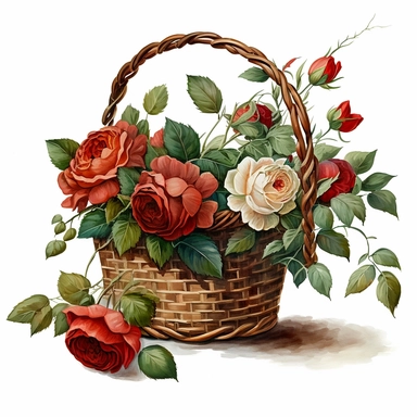 realistic hand painted watercolor of a basket of david austin english red roses, clean white background, clipart