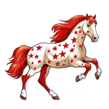 simple horse trotting with stars on back and red and white colored hair, side view, vector art, illustration, clipart, line art, limited detail